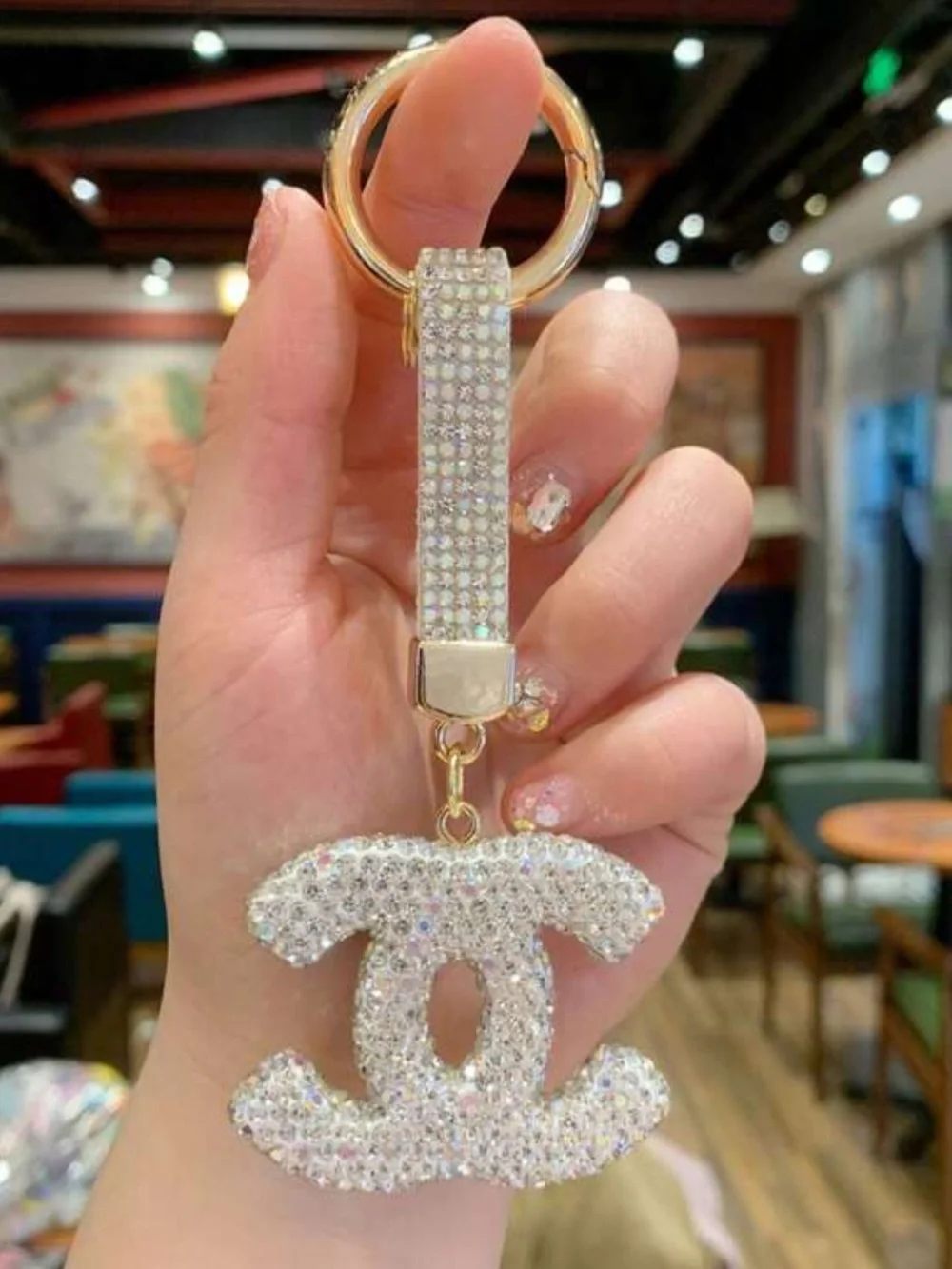 Luxury Crystal CC Logo Keychain bag charm - White Rhinestone Accent